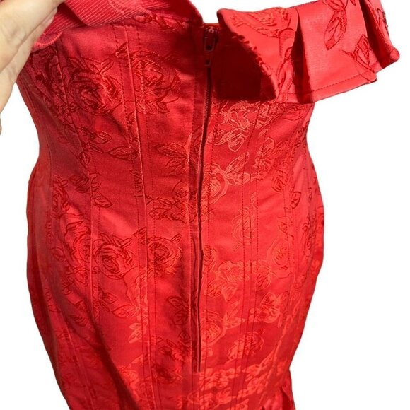 C/MEO Collective Strapless Ruffle Midi Dress Red Sheath Women’s Size Medium - Picture 9 of 13